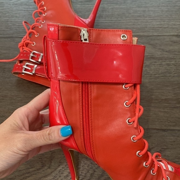 NWT BURJU Under The Influence Open Toe Lace Up Buckle Ankle Boots | Red 11 - Picture 5 of 11